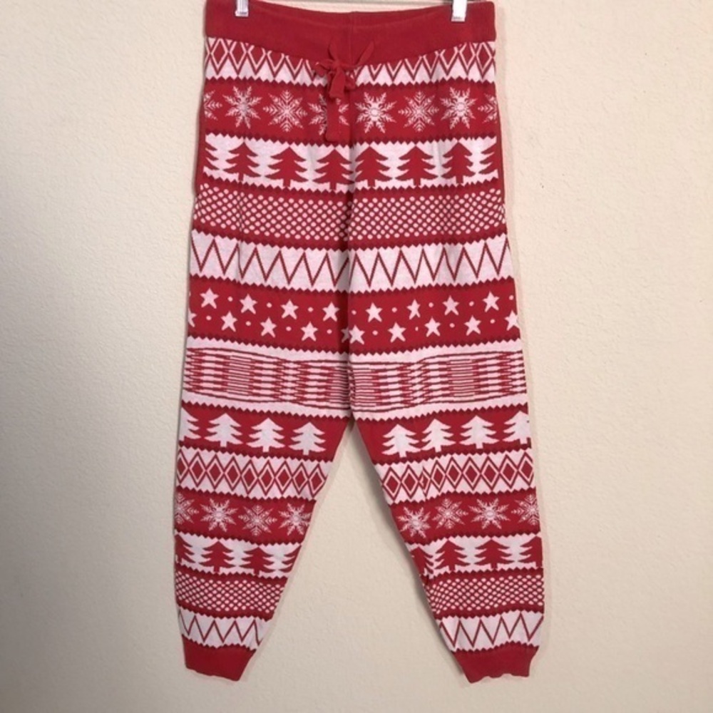 Festive Red & White Holiday Motif Knit Joggers Loungewear PJ Pants